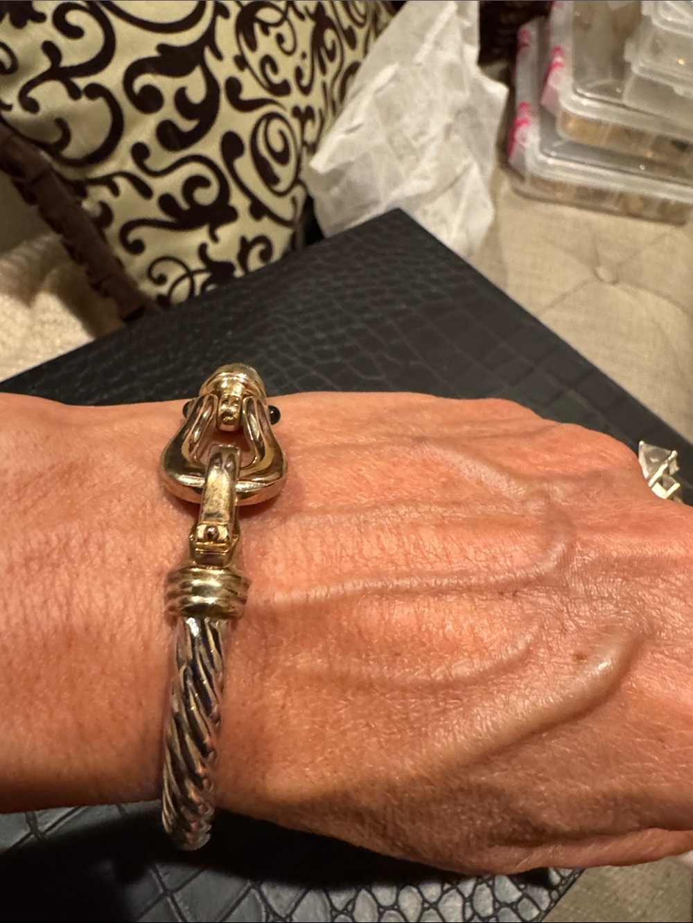 Twisted Silver & Gold and Black Bracelet - Women's Fashion Jewelry